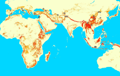 Fig. 3. Distribution of complex, low-altitude and climatically favourable landscapes (red/orange) and H. erectus sites (Winder et al., in review)